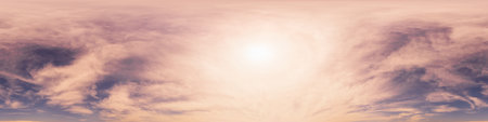 Bright sunset sky panorama with glowing red pink Cumulus clouds. HDR 360 seamless spherical...
