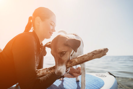 Sea woman sup. Silhouette of happy positive young woman with her dog, surfing on SUP board through calm water surface. Idyllic sunset. Active lifestyle at sea or river. Summer vacation with pets.の写真素材