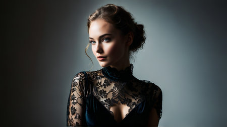 Woman black velvet and lace bodysuit luxurious and seductive low key lighting dramatic shadowsの素材