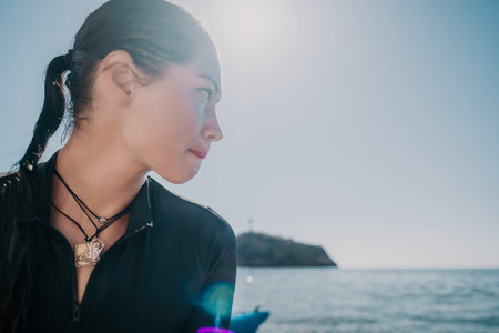 Woman summer travel sea. Happy tourist enjoy taking selfie photo outdoors for memories. Woman...