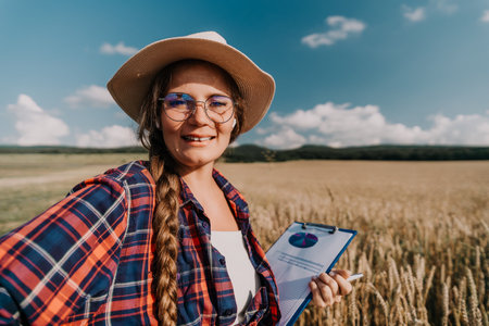 Woman wheat field. Agronomist, Woman farmer check golden ripe barley spikes in cultivated field. Closeup of female hand on plantation in agricultural crop management concept. Slow motionの写真素材
