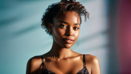 Black model with radiant skin and a captivating smile showcasing lingerie and hosieryの素材