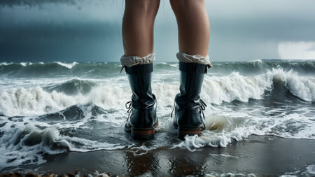 A model with a defiant stance her legs in stockings that seem to be forgedの素材