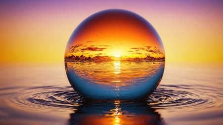 Sunset mirrored in spherical water drop tiny world effect miniature orange sky imaginative alternate realityの素材