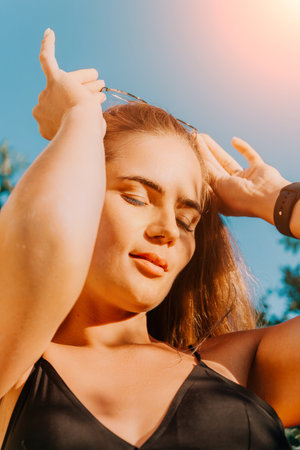 Woman summer travel. Happy tourist enjoy taking selfie photo outdoors for memories. Woman traveler...
