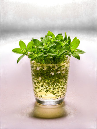 Chickweed tea clear glass cup dainty leaves and flowers light green coolingの素材