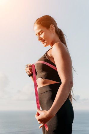 A woman is holding a pink tape measure and is measuring her breasts after morning fitness