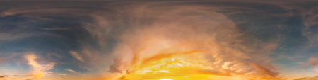 Seamless 360 HDR spherical panorama of sunset sky with vibrant pink Cirrus clouds. Full zenith or...