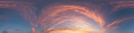 360 panorama of glowing sunset sky with bright pink Cirrus clouds. HDR 360 seamless spherical...