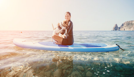 Sea woman sup. Silhouette of happy positive young woman with her dog, surfing on SUP board through...