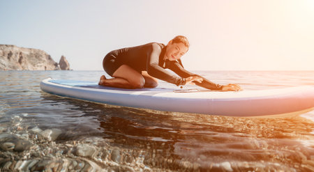 Woman sup yoga. Happy sporty woman practising yoga pilates on paddle sup surfboard. Female stretching doing workout on sea water. Modern individual female hipster outdoor summer sport activity.の写真素材