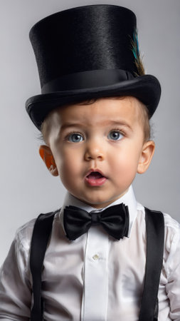 A baby boy with a bow tie a surprised expression and a tiny top hatの素材