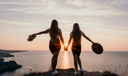 Two Silhouettes Holding Hands at Sunsetの写真素材