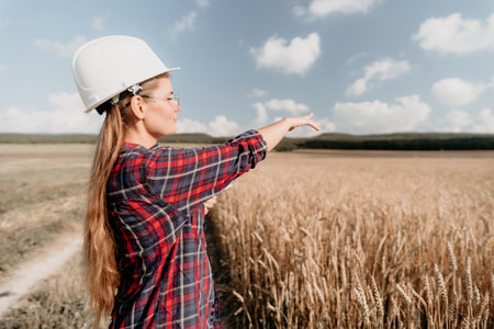Female Engineer Inspecting a Wheat Field