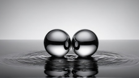 Two water drops merging together yin yang symbol balanced harmony black and white minimalist compositionの素材