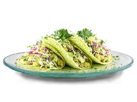 Vegan cauliflower tacos with lime crema and cabbage slaw served on a transparent glass dishの素材