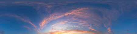 360 panorama of glowing sunset sky with bright pink Cirrus clouds. HDR 360 seamless spherical...