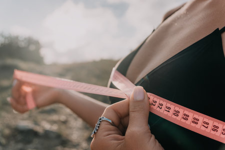 A woman is holding a pink tape measure and is measuring her breasts after morning fitness