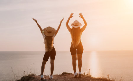 Two Women Celebrate Sunset on a Coastal Cliffの写真素材