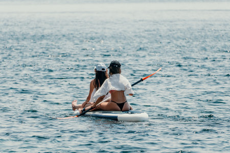 Two women floating on a surfboard in the ocean. One of them is wearing a white shirt and the other is wearing a black bikini.の写真素材