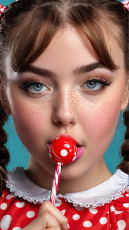 A cute girl with pigtails freckles and a mischievous tongue sticking out wearing a polkaの素材