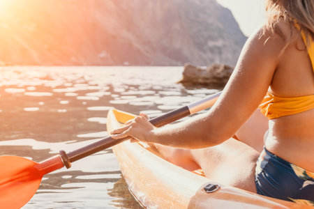 Woman Kayaking Lake Paddle Scenicの写真素材