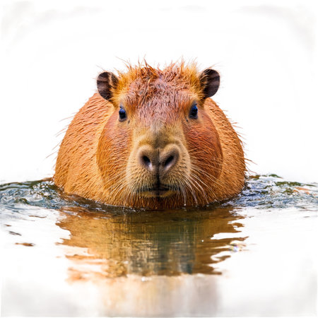 Playful capybara Hydrochoerus hydrochaeris swimming bristly fur blunt snout partially webbed feet Animal photographyの素材