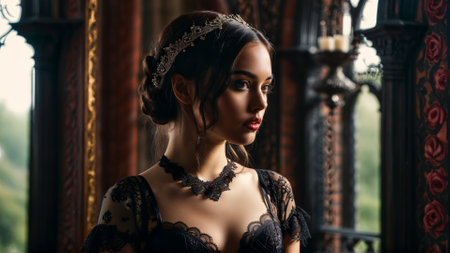 Gothic romance with mixed race model in black lace lingerie dark roses and gothic archesの素材