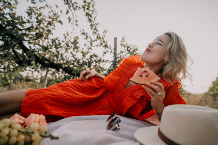 Woman in Red Dress Enjoying Watermelon Picnicの写真素材