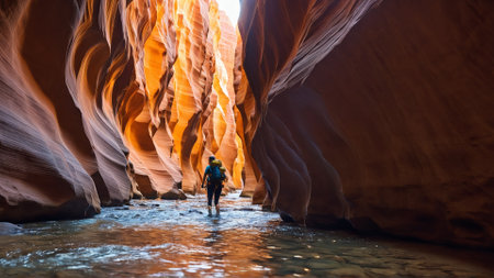 Intrepid woman canyoneering through a slot canyon water rushing sandstone walls glowing vibrant desert colorsの素材