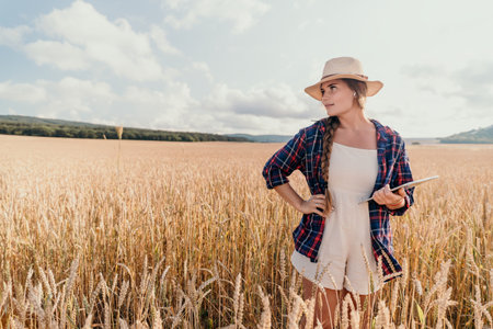 Woman in a Wheat Field with a Tablet