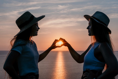 Two Women Silhouetted Against a Sunset, Making a Heart Shape With Their Handsの写真素材