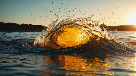 Minimalist water splash against setting sun black and orange contrast bold aphic shape elegant simplicityの素材