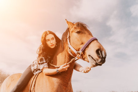 Woman Riding a Horse in a Fieldの写真素材