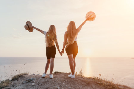 Two Women Admiring Sunset on a Cliffの写真素材