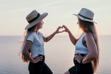 Mother and Daughter Making a Heart with Their Hands at Sunsetの写真素材