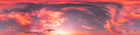 Sunset sky with bright glowing pink Cumulus clouds. Seamless spherical HDR 360 panorama. Full zenith...