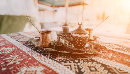 Traditional Turkish Coffee Setup on a Colorful Rugの写真素材