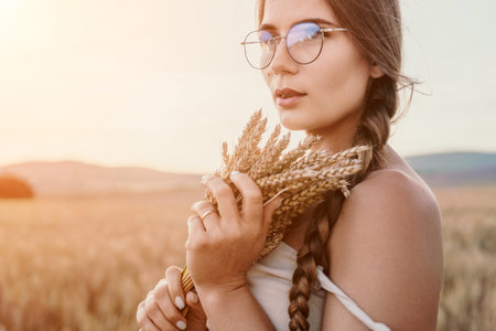 Woman wheat field. Agronomist, Woman farmer check golden ripe barley spikes in cultivated field. A woman is holding a bunch of wheat in her arms.の写真素材