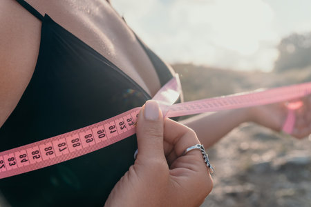Woman Measuring Chest with Tape Measure Outdoorsの写真素材