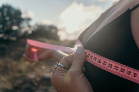 A woman is holding a pink tape measure and is measuring her breasts after morning fitnessの写真素材