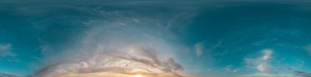 Seamless 360 HDR spherical panorama of sunset sky with vibrant pink Cirrus clouds. Full zenith or...