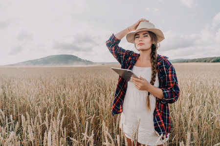 Young Woman in a Wheat Field Holding a Tabletの写真素材