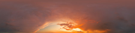 Golden glowing red orange overcast sunset sky 360 hdr panorama. Seamless spherical equirectangular...