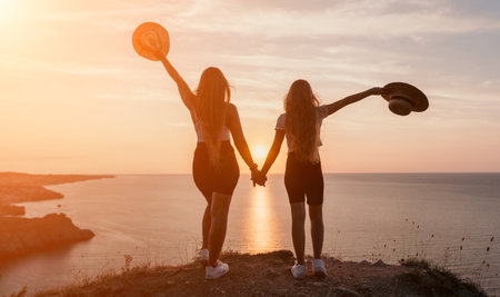 Two Silhouettes Holding Hands at Sunset by the Seaの写真素材