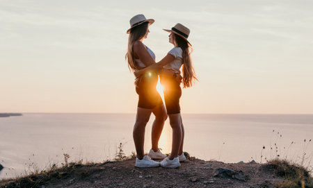 Two Women Embracing at Sunset on a Cliffsideの写真素材
