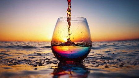 Wine meditation person holding glass wine drops reflecting light calm sea sunset mindfulness Abstract backgroundの素材
