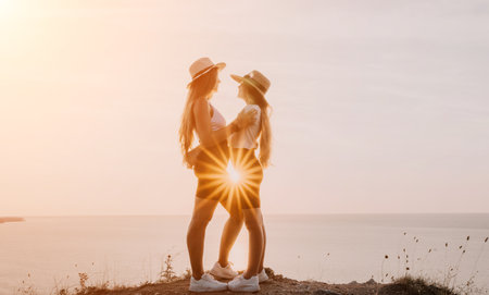 Two Women Embrace at Sunset Overlooking the Seaの写真素材