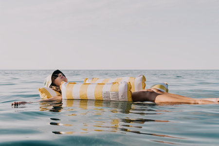 Woman Inflatable Raft Ocean Relaxing - Woman floats on a yellow and white striped inflatable raft in...