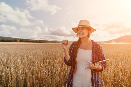 Woman wheat field. Agronomist, Woman farmer check golden ripe barley spikes in cultivated field. Closeup of female hand on plantation in agricultural crop management concept. Slow motionの写真素材